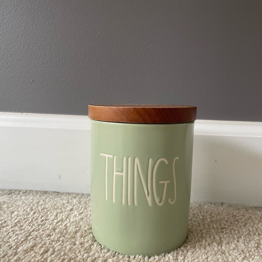 Rae Dunn Green Ceramic Storage Jar with Wooden Lid